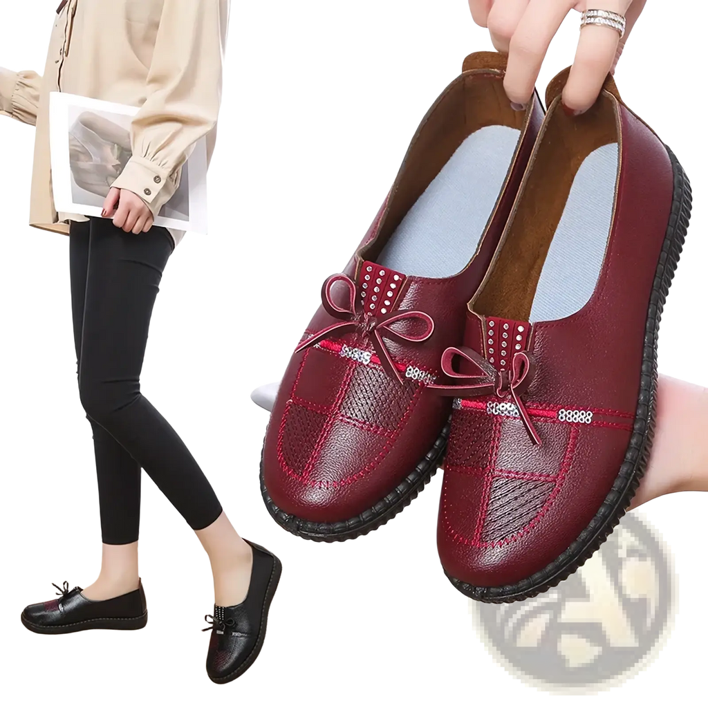 Maroon leather women loafers with decorative bows and rhinestone accents flat shoes for casual wear