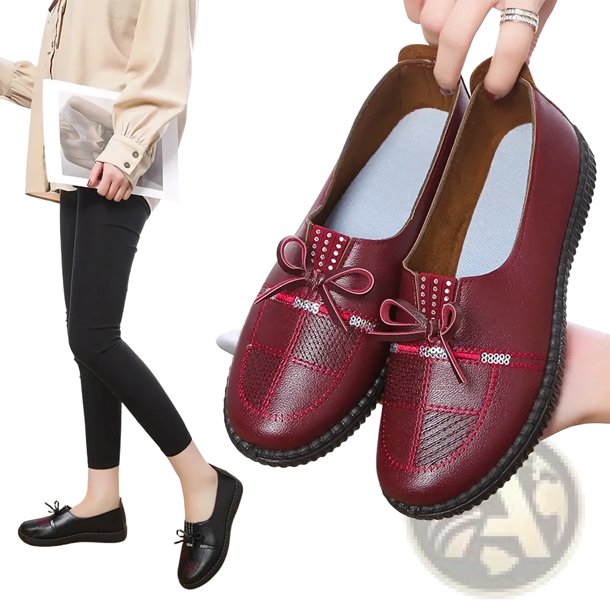 Maroon leather women loafers with decorative bows and rhinestone accents flat shoes for casual wear