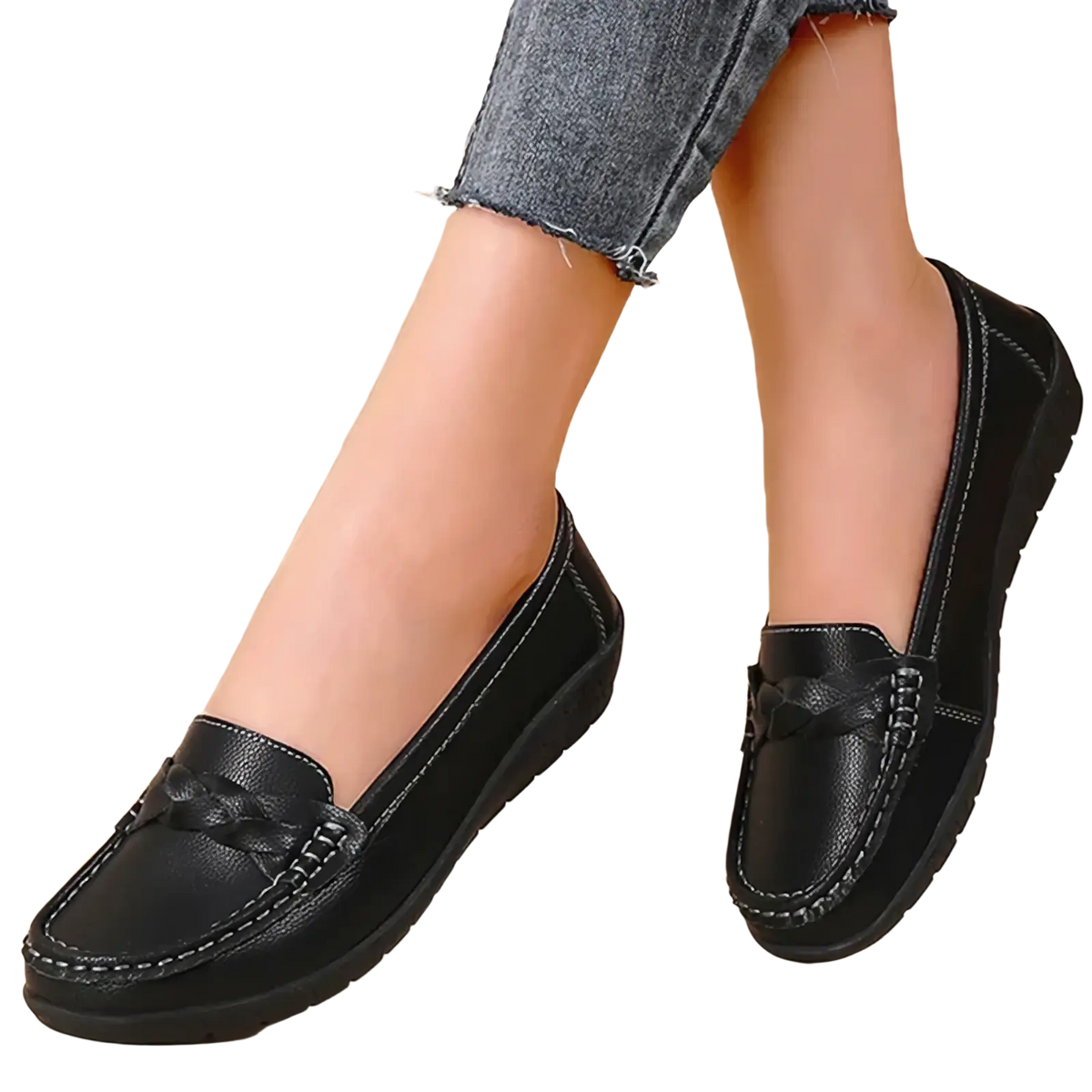 Women leather loafers flat casual shoes in black with braided tassel detail and contrasting white stitching