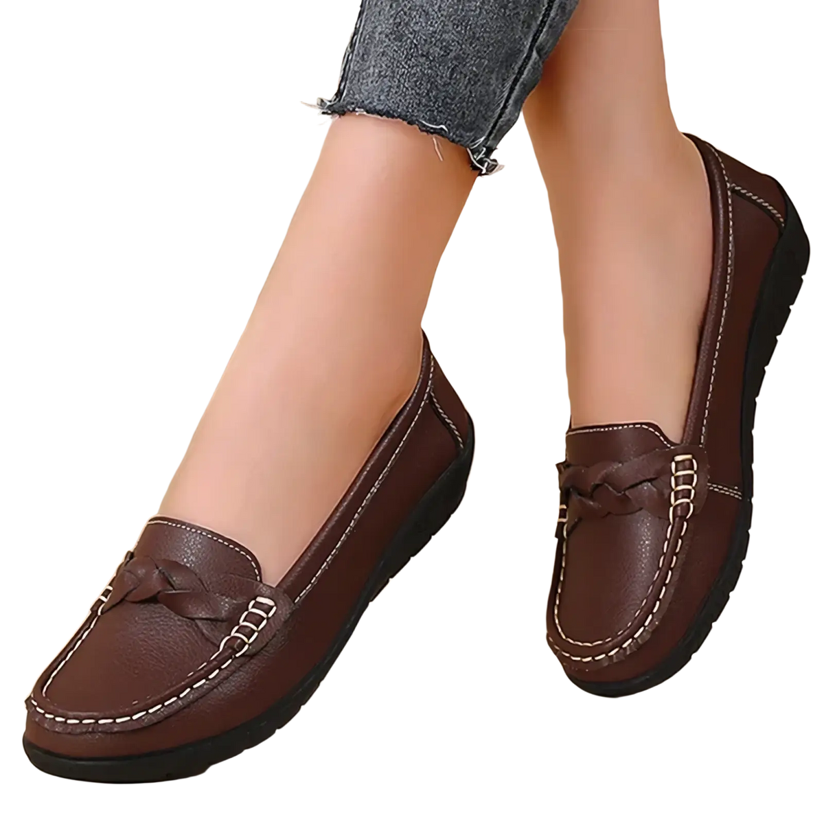 Women leather loafers flat casual shoes in brown with braided tassel detail and contrasting white stitching