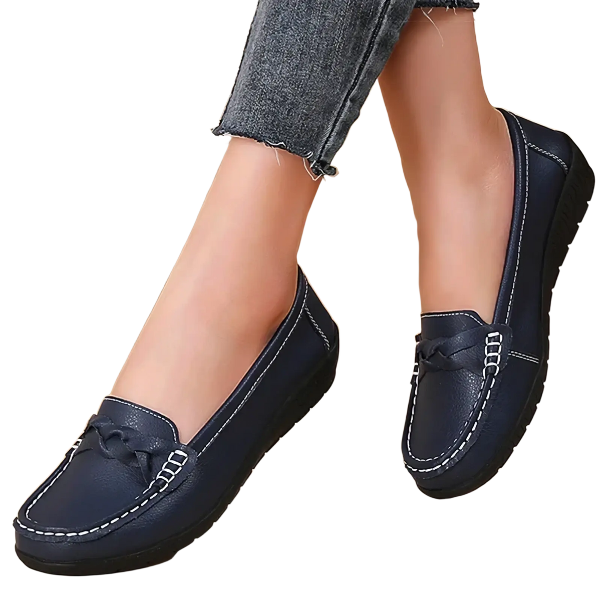 Navy blue leather loafers for women with white stitching and tassel detail flat casual shoes