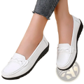 Women leather loafers flat casual shoes in white with braided detail on front and black rubber soles