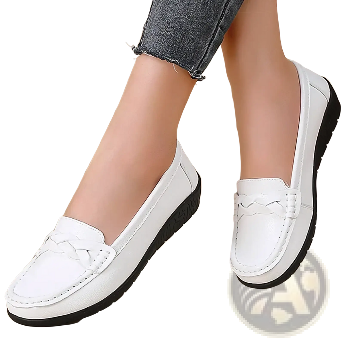 Women leather loafers flat casual shoes in white with braided detail on front and black rubber soles