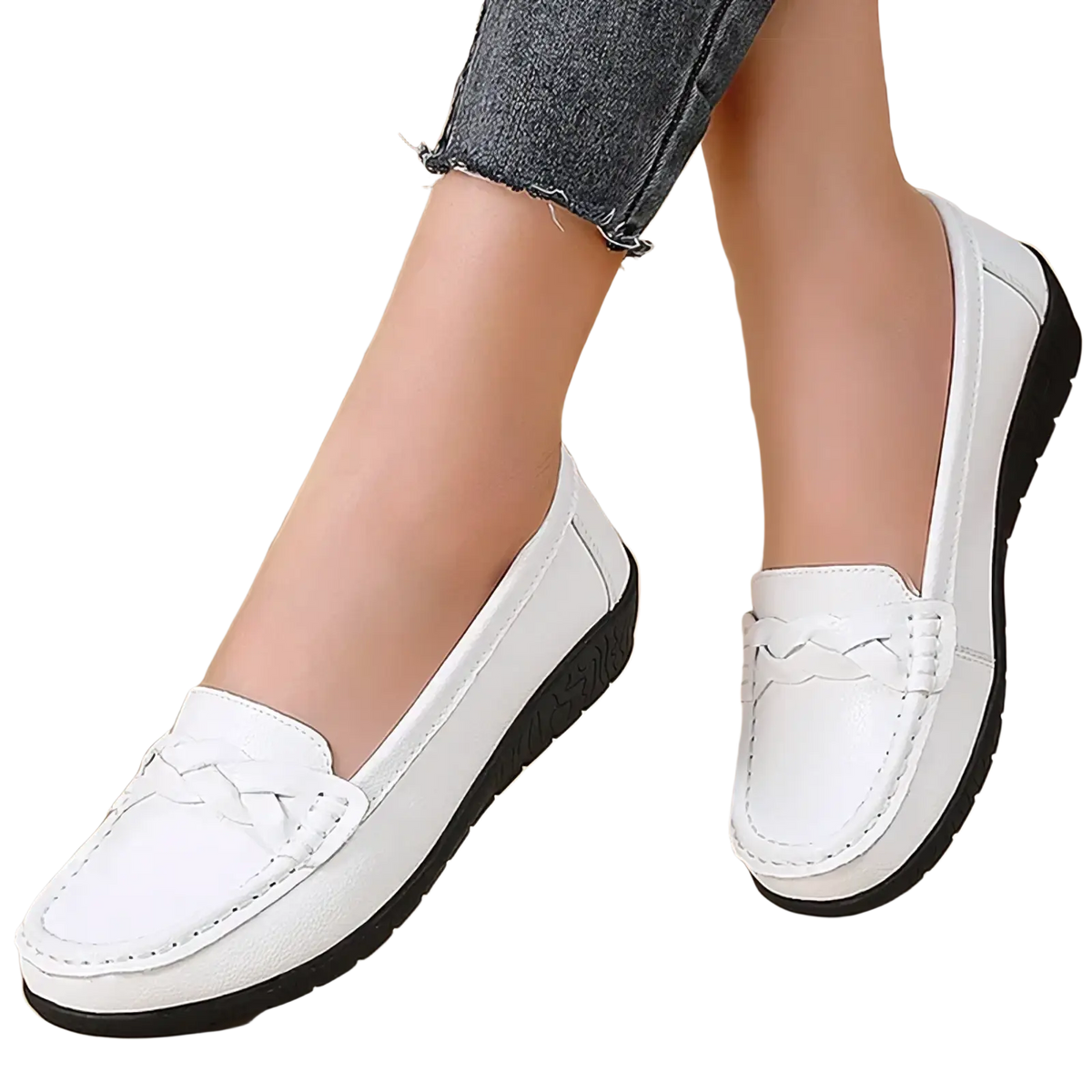 Women leather loafers flat casual shoes in white with braided detail on front and black rubber soles