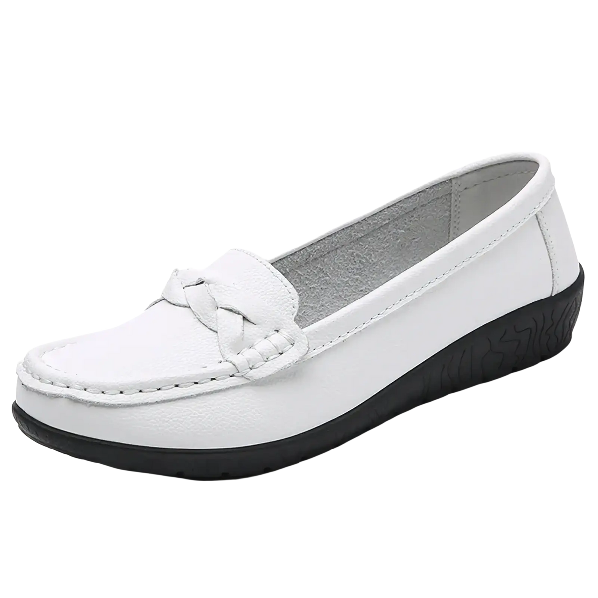 White leather women loafers flat casual shoes with braided strap detail and black rubber sole