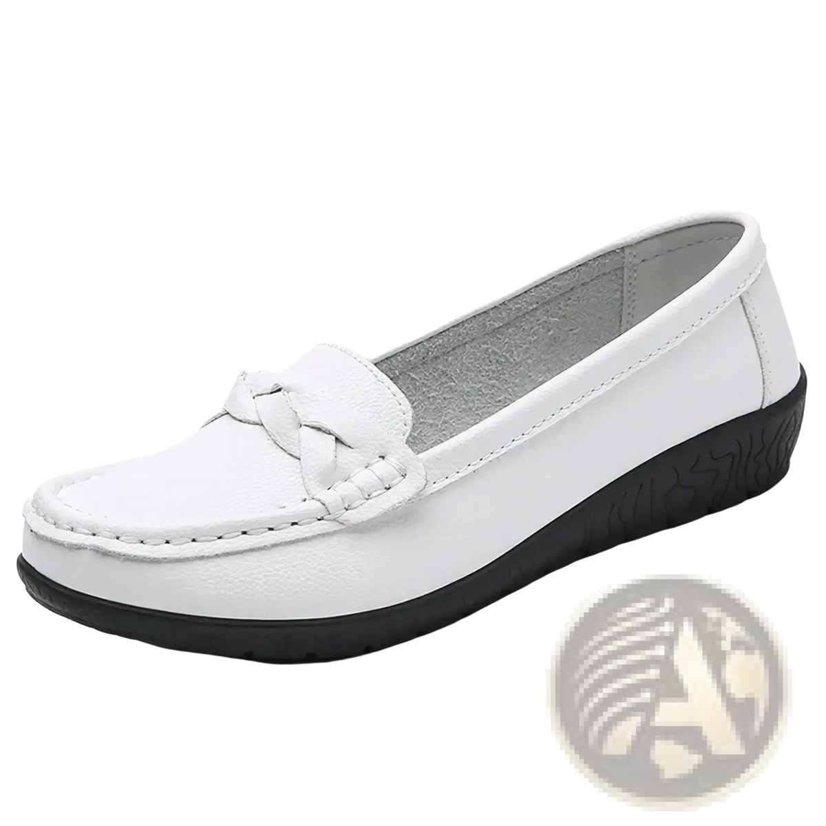 White leather women loafers flat casual shoes with braided strap detail and black rubber sole