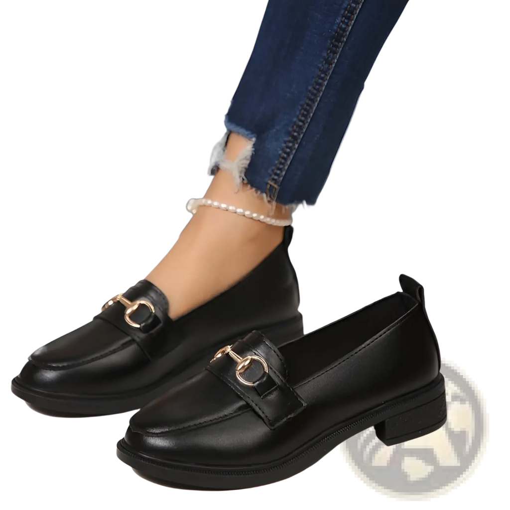 Women leather loafers in black with gold-tone horsebit detailing and low chunky block heel for stylish wear