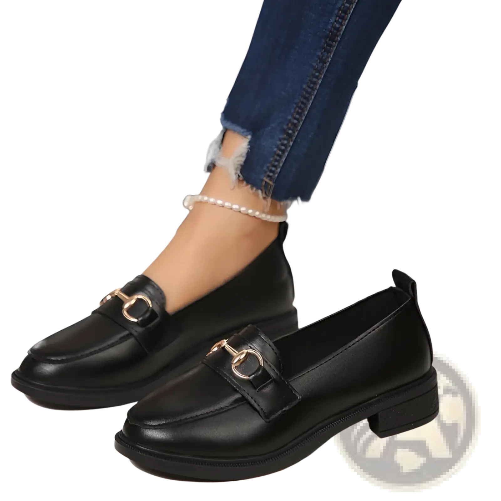 Women leather loafers in black with gold-tone horsebit detailing and low chunky block heel for stylish wear