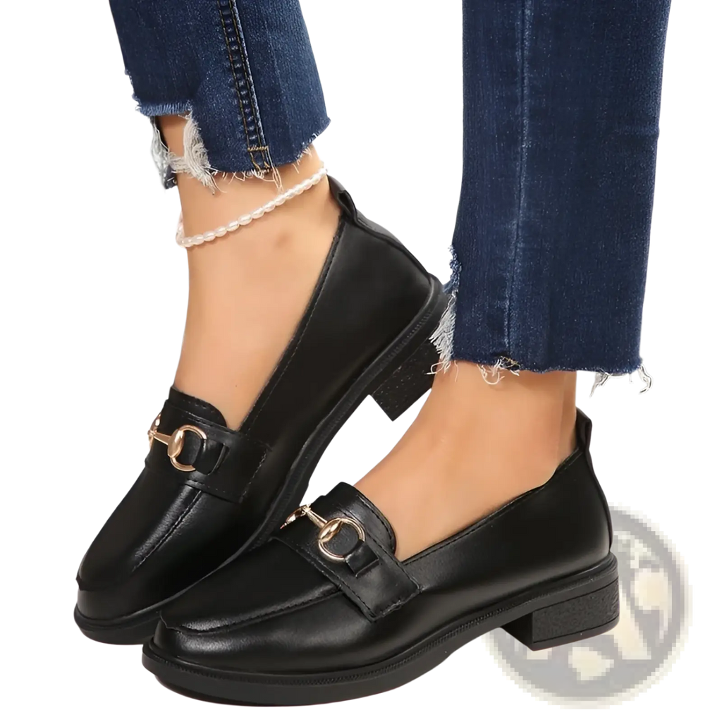 Women leather loafers in black with gold-tone horsebit detailing and a low block chunky heel