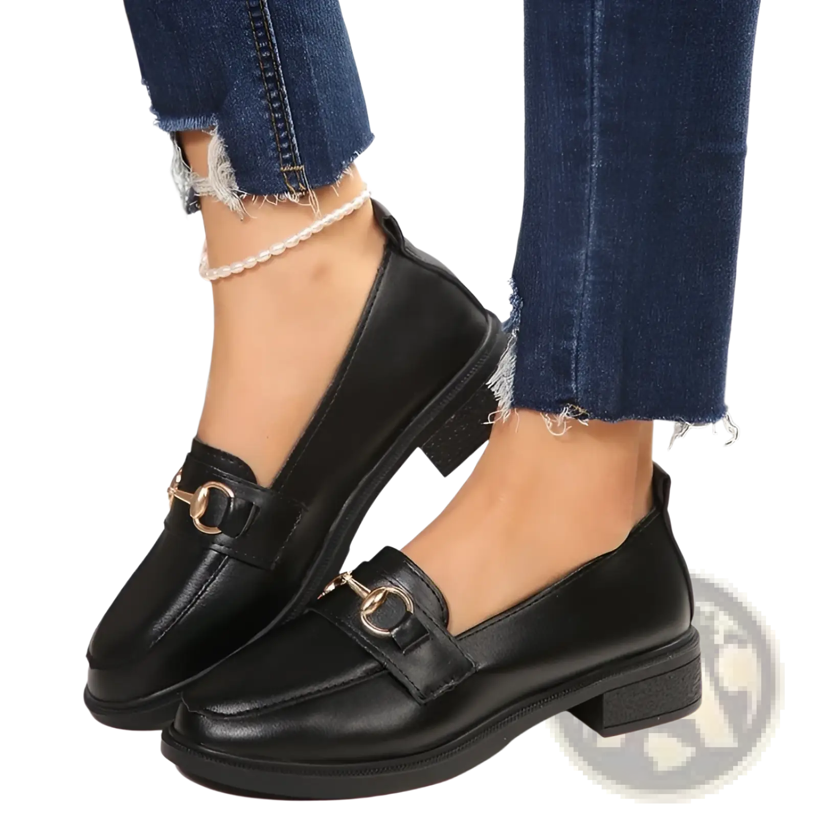 Women leather loafers in black with gold-tone horsebit detailing and a low block chunky heel