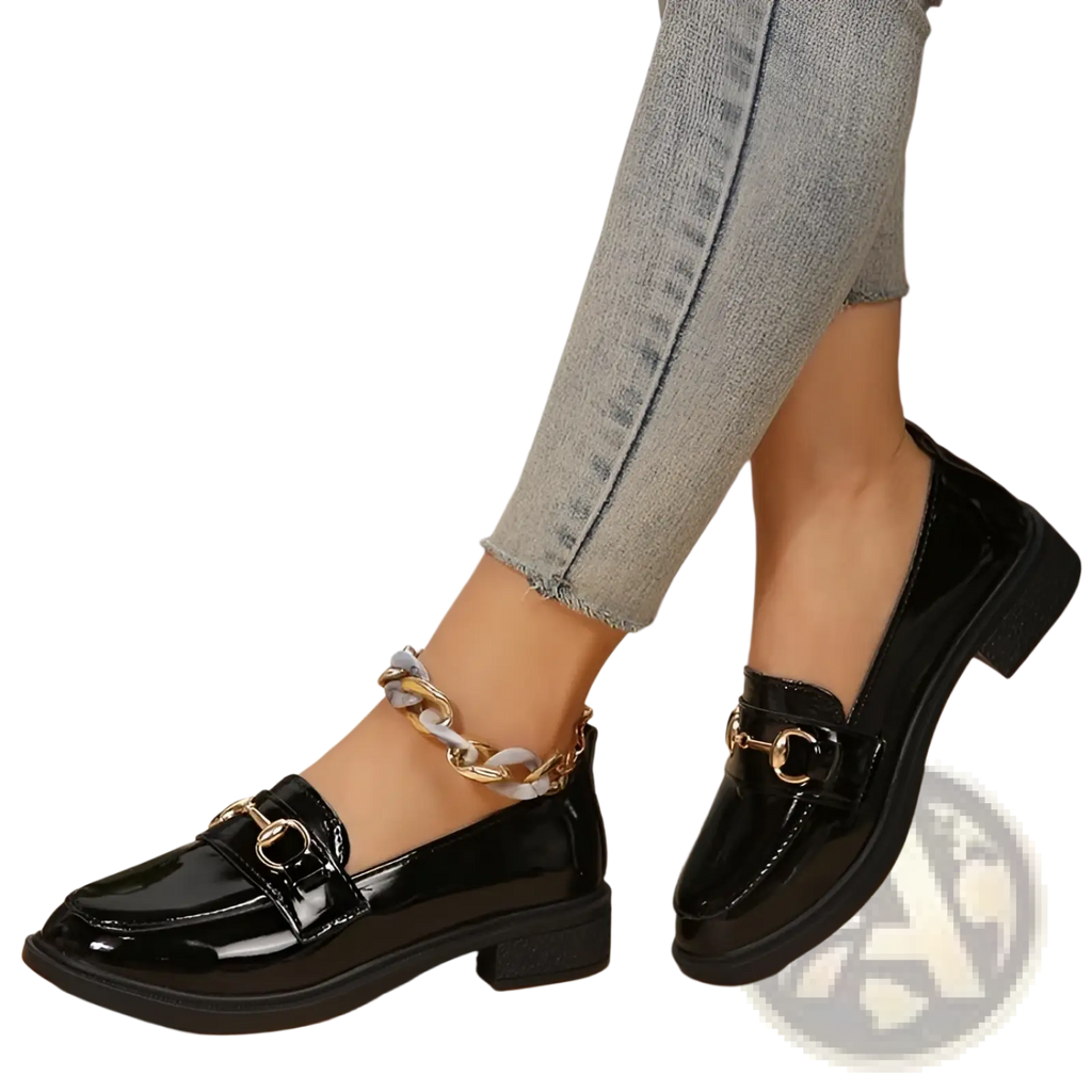 Women leather loafers in black patent leather with gold-tone horsebit detailing and a chunky heel