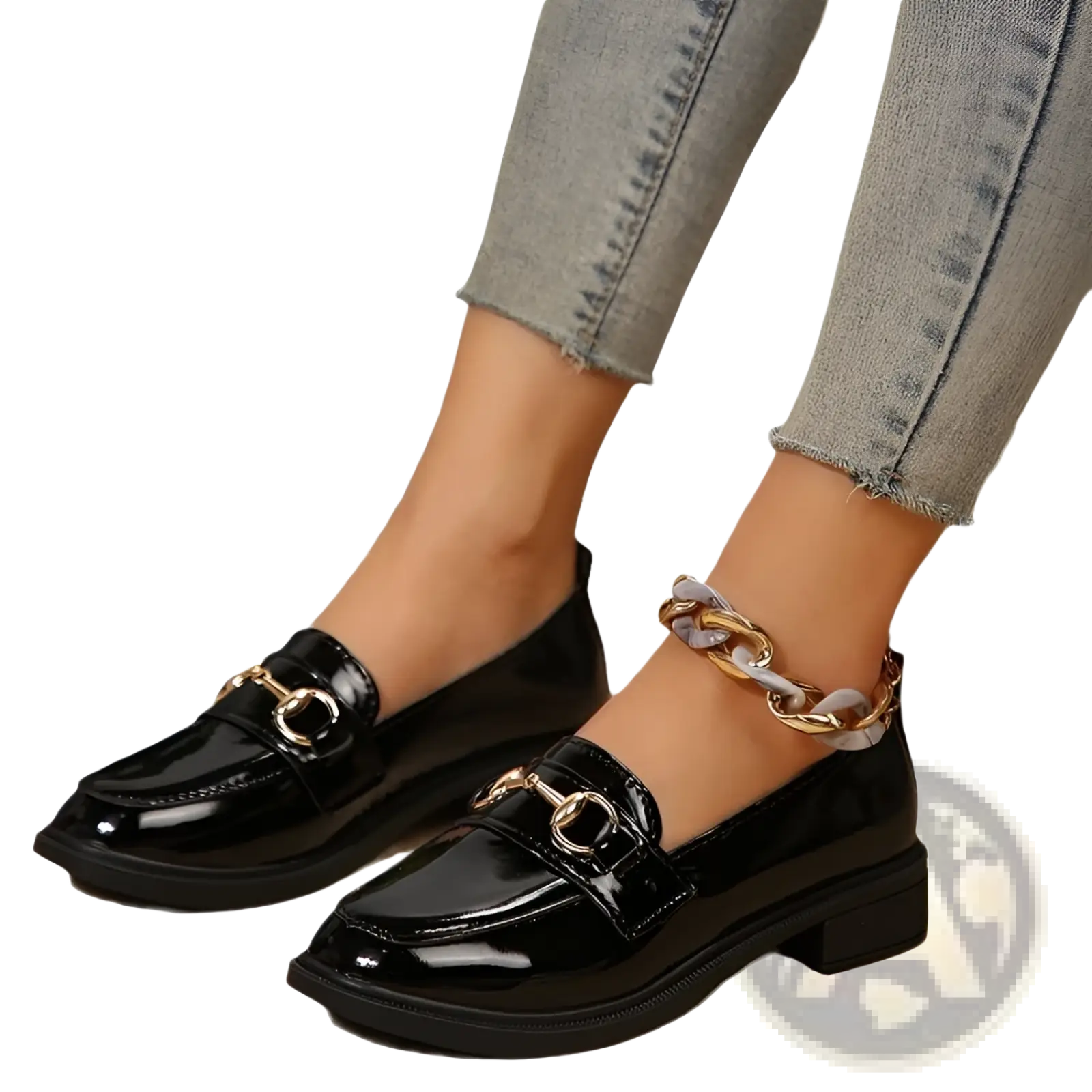 Black patent leather women loafers with gold-tone horsebit detailing and chunky block heels for formal wear
