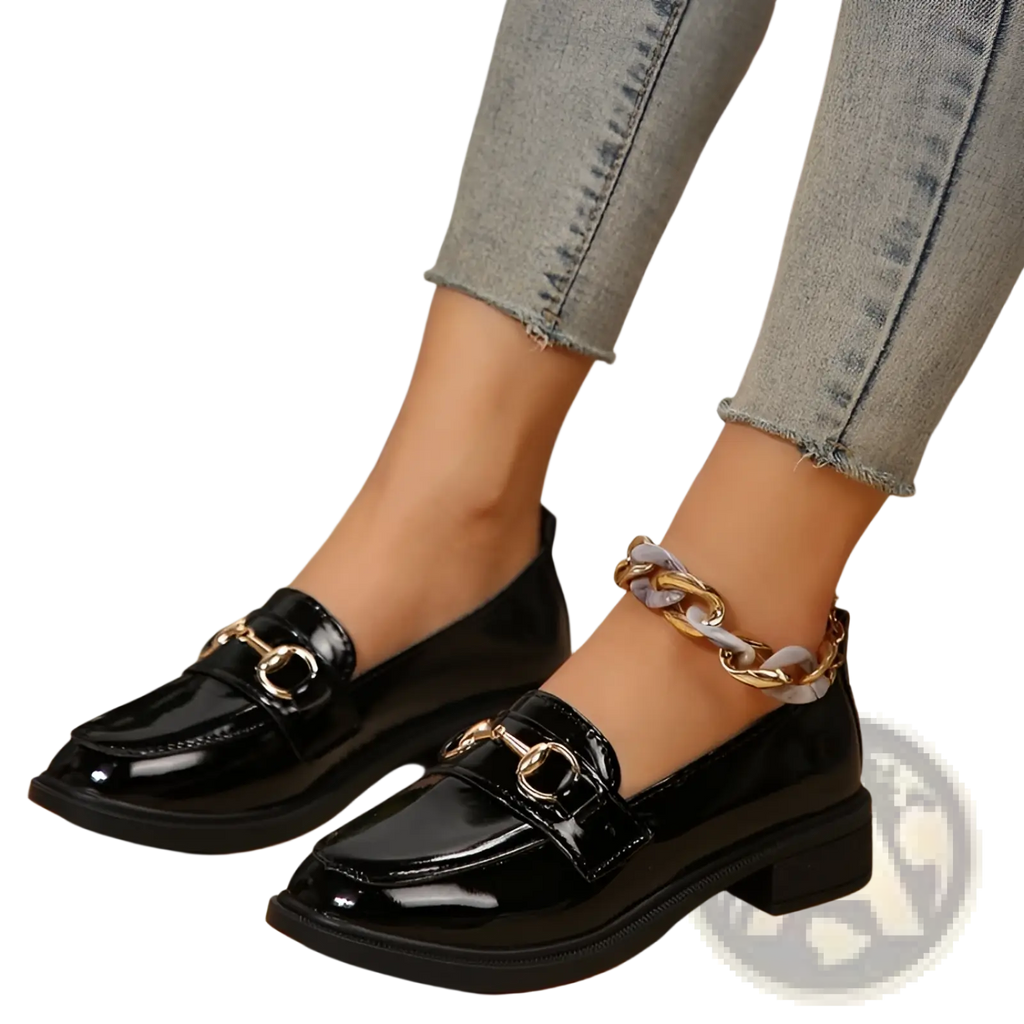 Black patent leather women loafers with gold-tone horsebit and chunky ankle chain strap chunky heel shoes