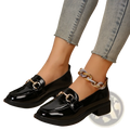 Black patent leather women loafers with gold-tone horsebit and chunky ankle chain strap chunky heel shoes