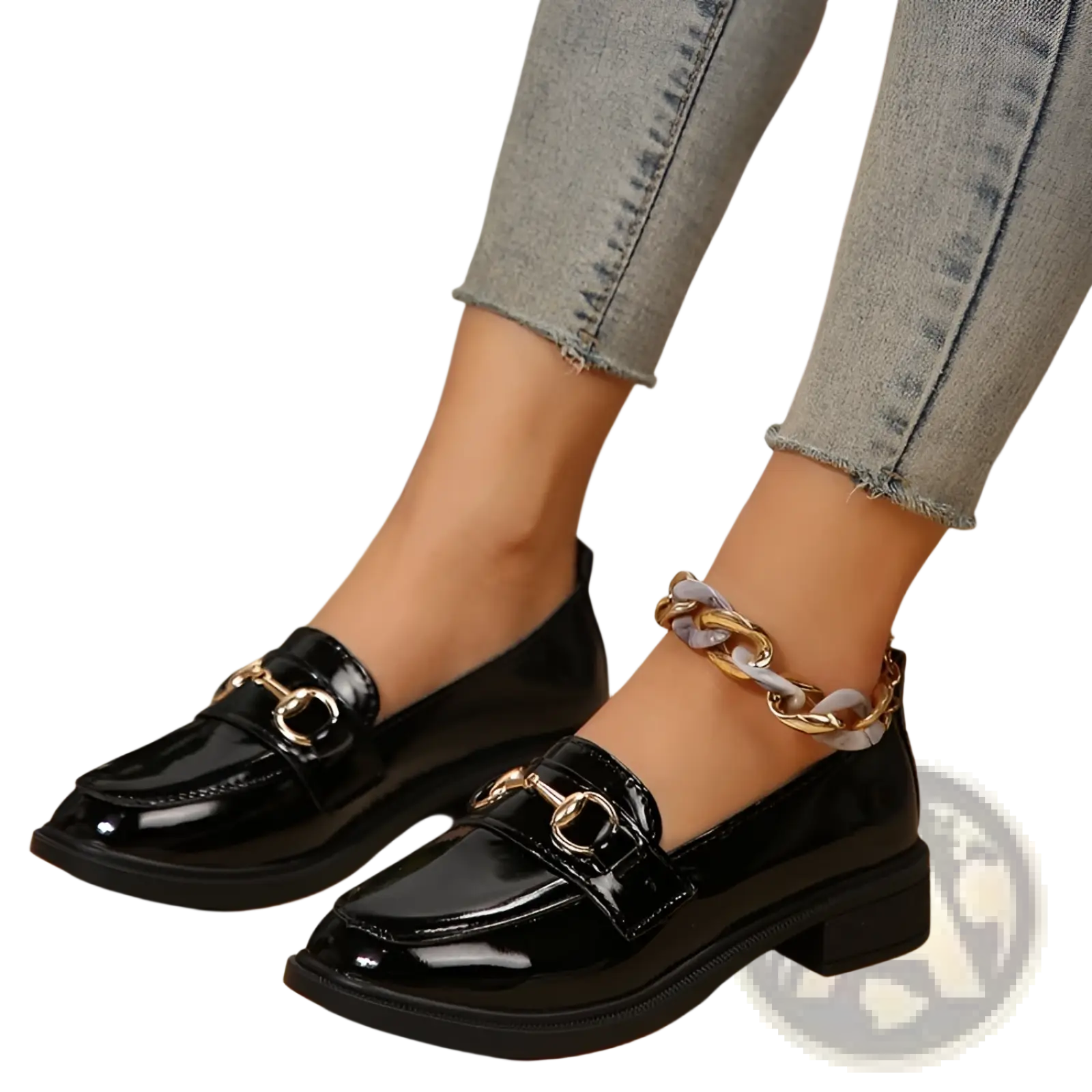 Black patent leather women loafers with gold-tone horsebit and chunky ankle chain strap chunky heel shoes