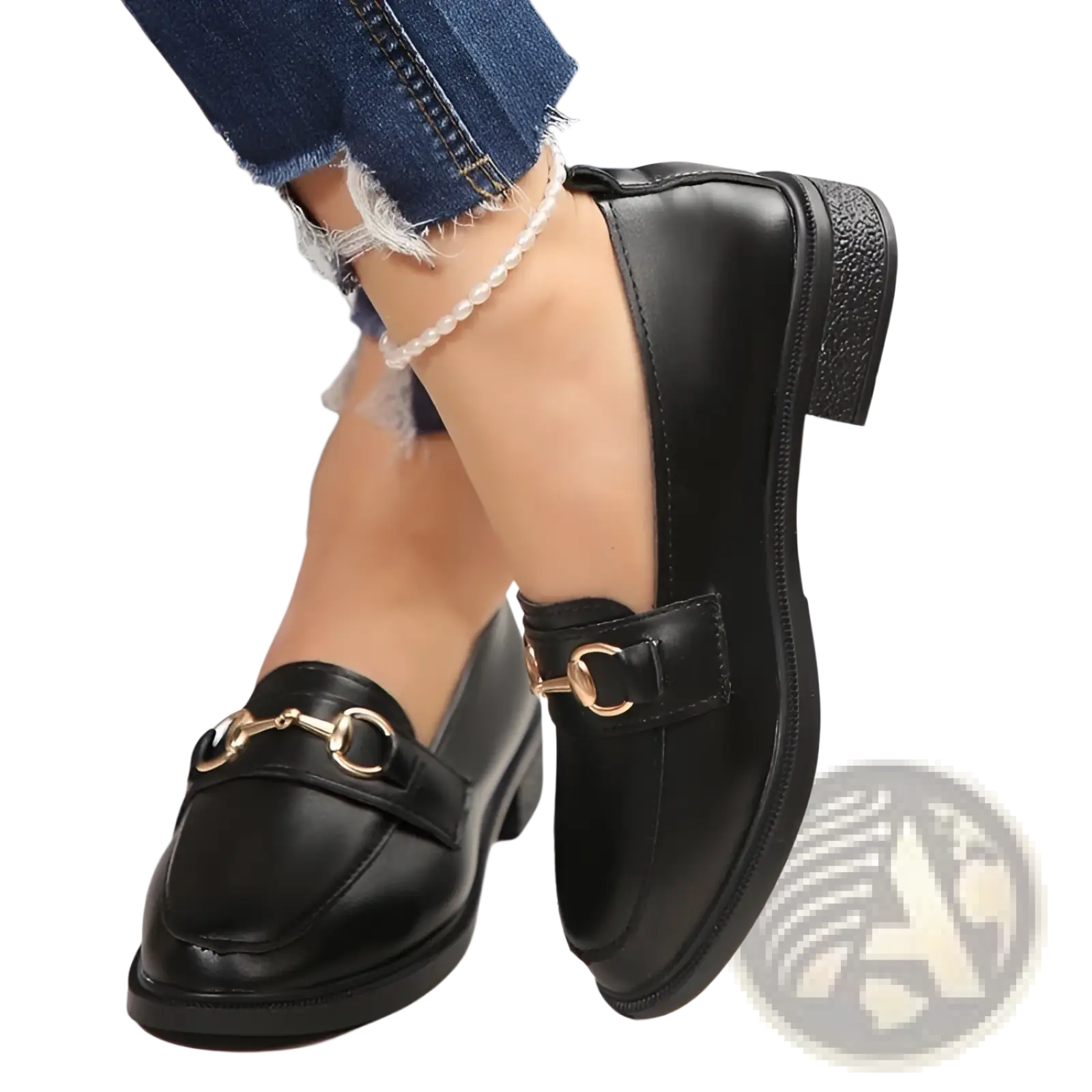 Women leather loafers in black with gold-tone horsebit detailing and a low block heel for chunky heel shoes
