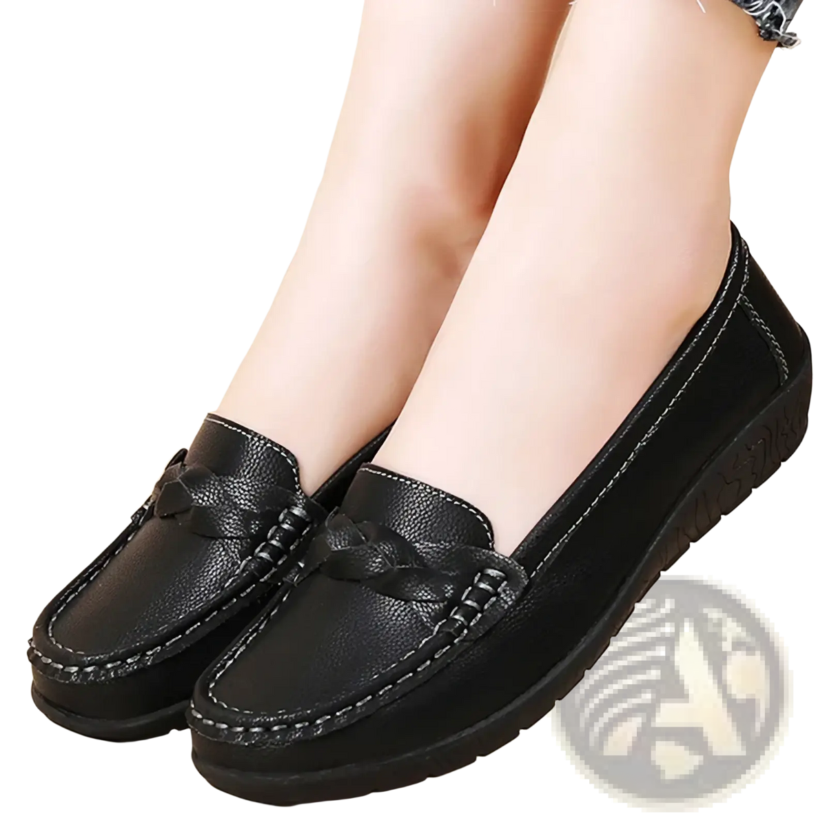 Women leather loafers slip on casual flats in black with braided tassel detail and contrasting white stitching
