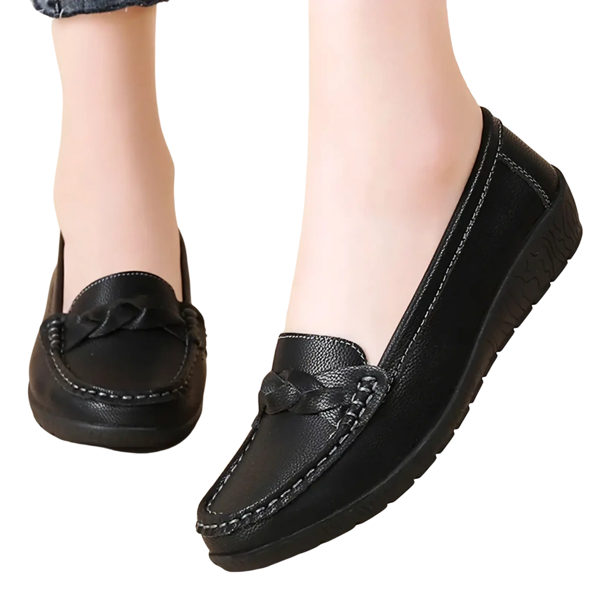 Women leather loafers slip on casual flats in black with braided strap detail and contrasting white stitching