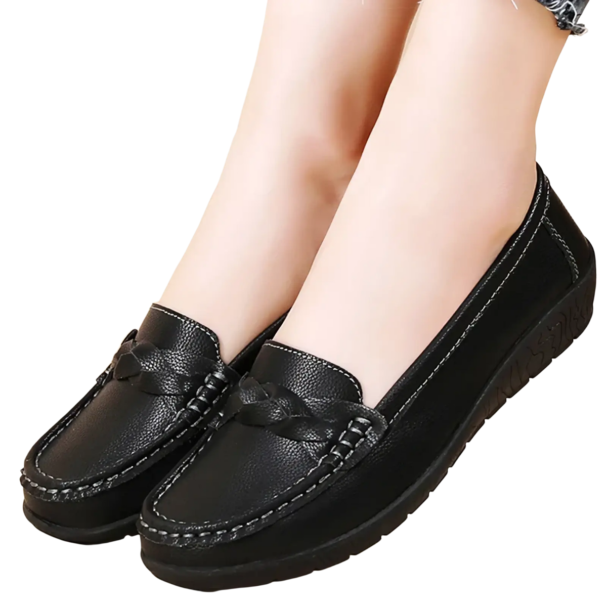 Women leather loafers slip on casual flats in black with braided tassel detail and contrasting white stitching