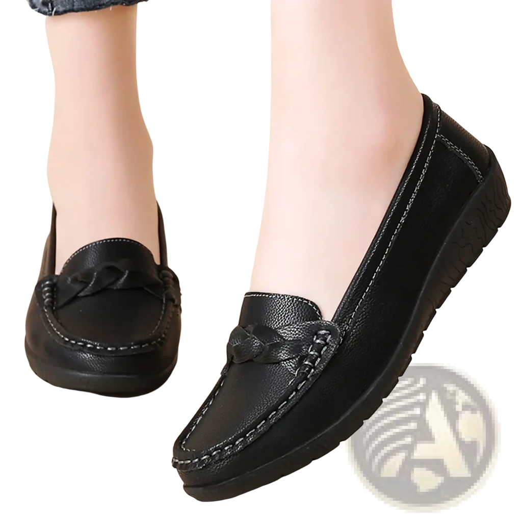 Women leather loafers slip on casual flats in black with braided strap detail and contrasting white stitching