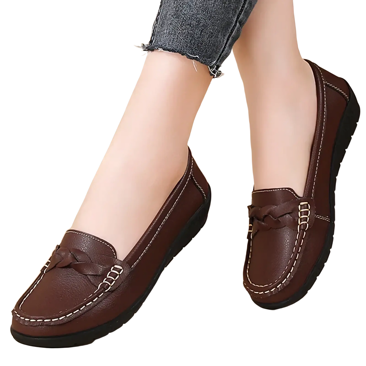 Women leather loafers slip on casual flats in brown with braided tassel detail and contrasting white stitching