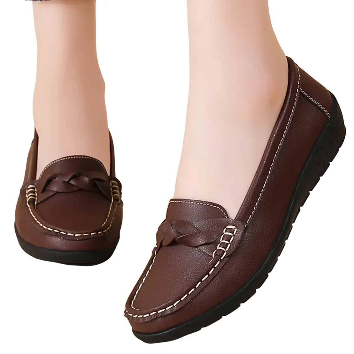 Women leather loafers slip on casual flats in brown with braided detail and white stitching on smooth leather