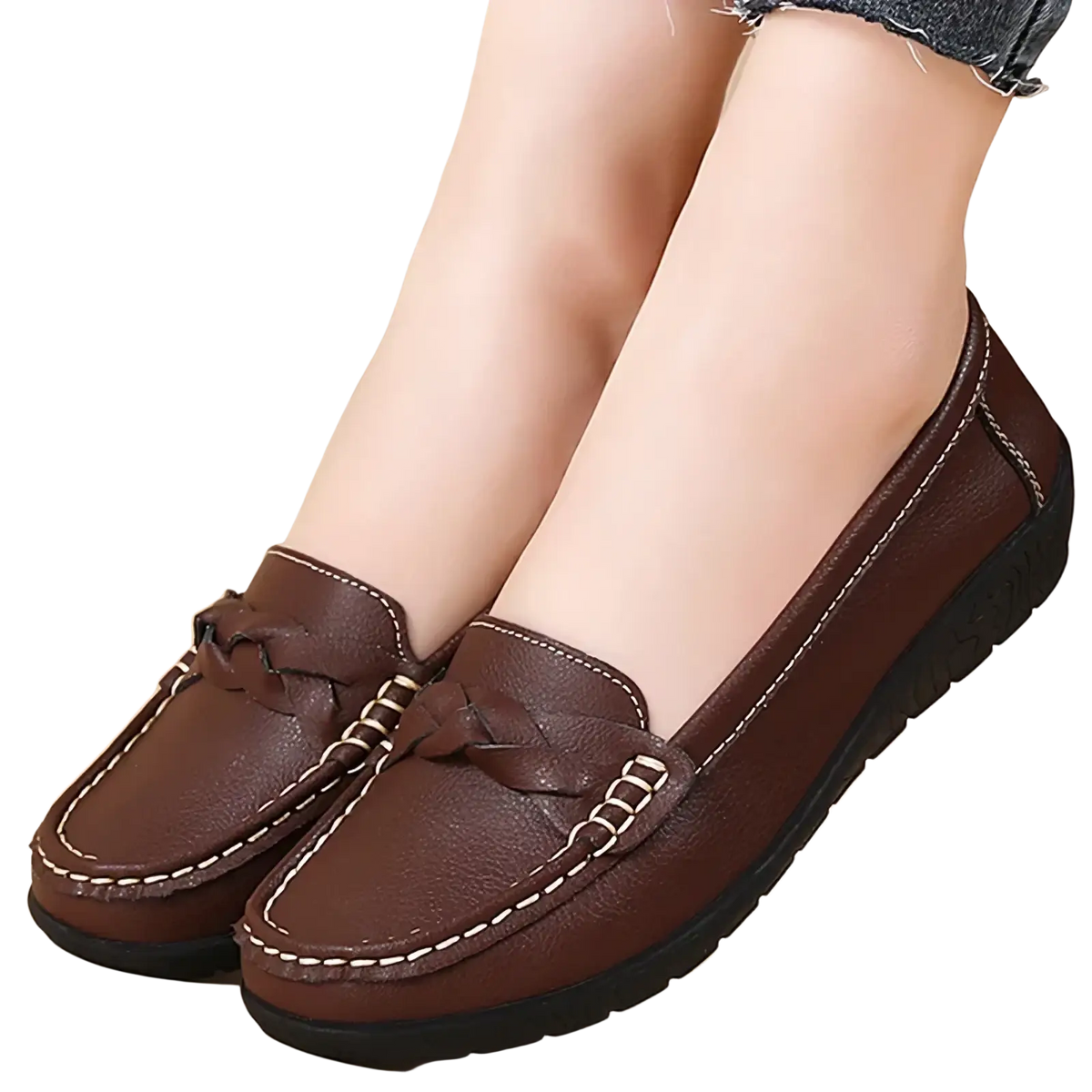 Women leather loafers slip on casual flats in brown with braided tassel details and white stitching accents