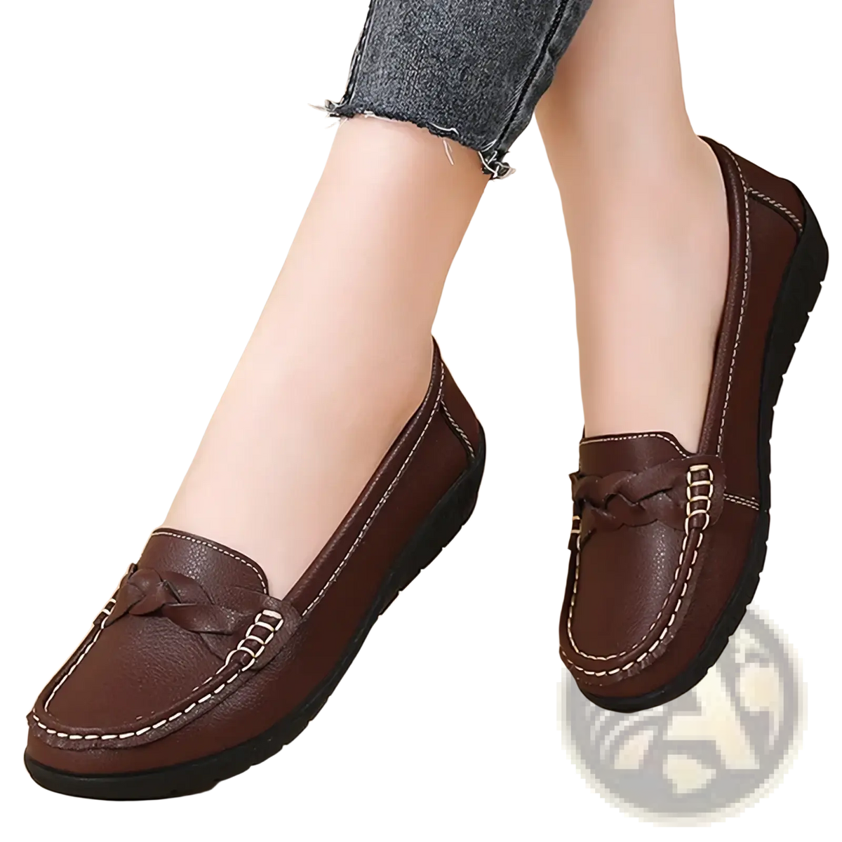 Women leather loafers slip on casual flats in brown with braided tassel detail and contrasting white stitching