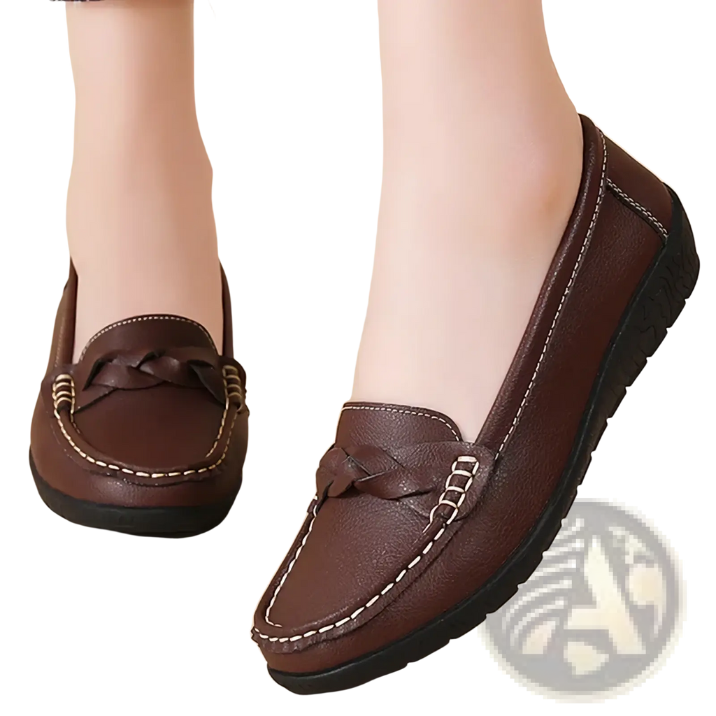 Women leather loafers slip on casual flats in brown with braided detail and white stitching on smooth leather