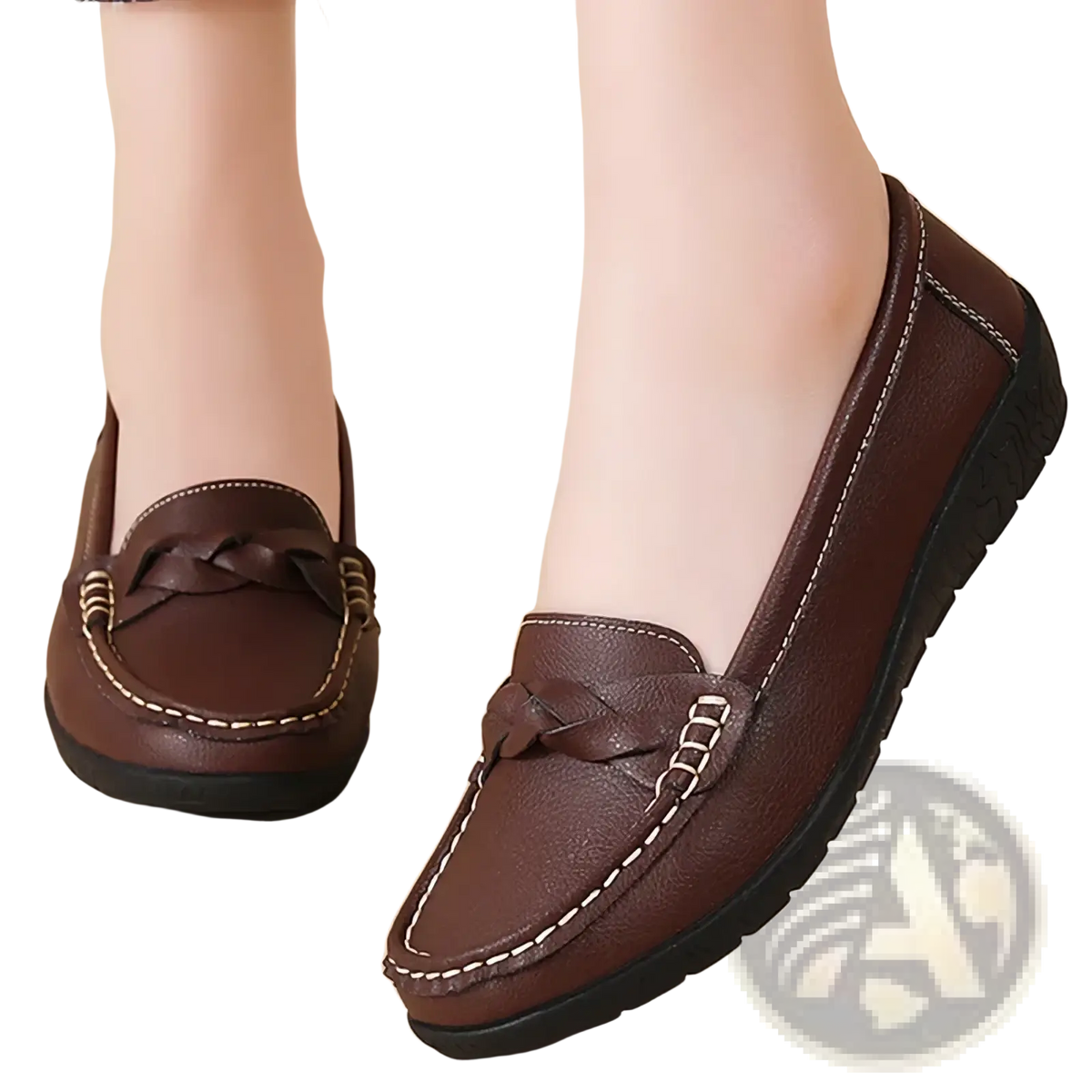 Women leather loafers slip on casual flats in brown with braided detail and white stitching on smooth leather