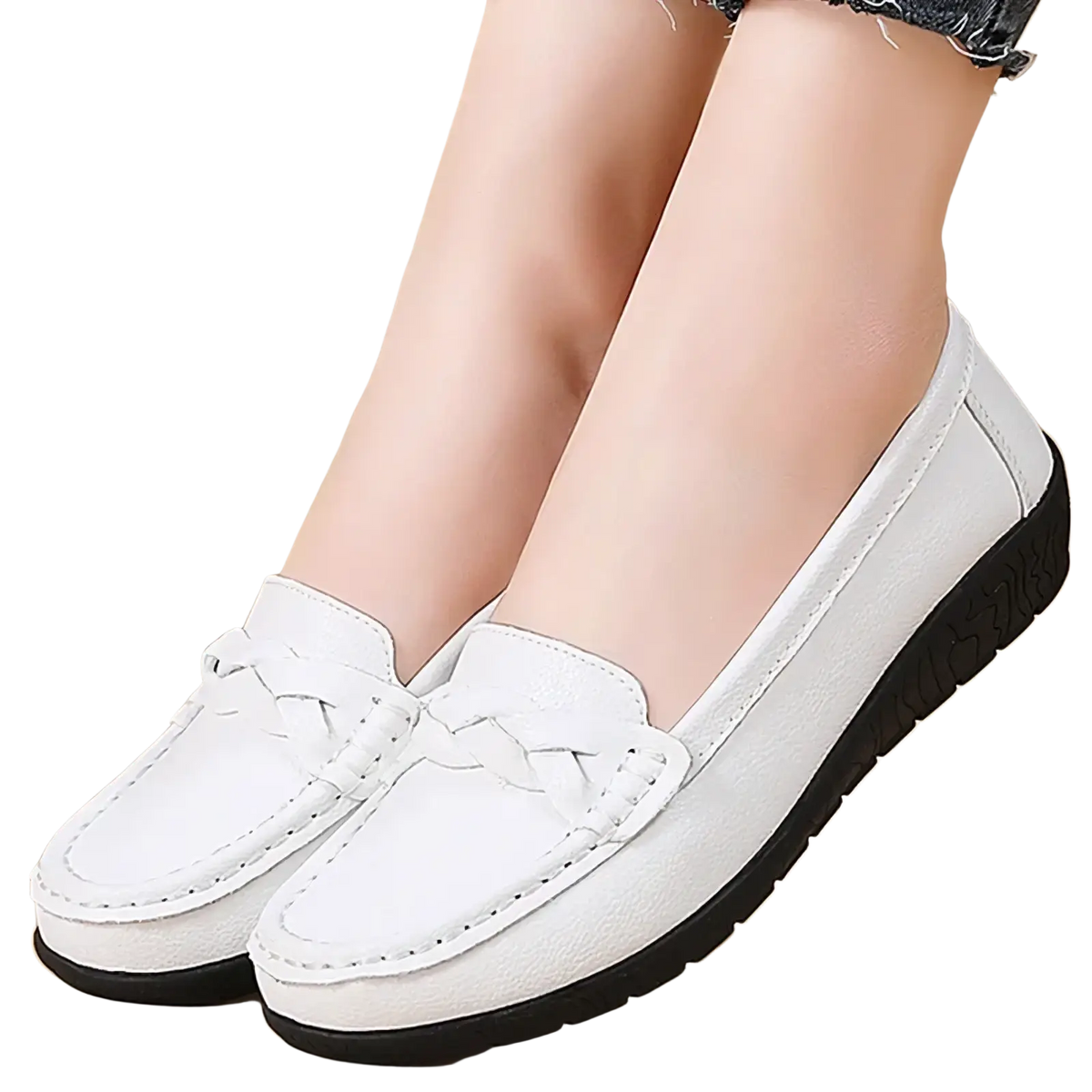 Women leather loafers slip on casual flats in white leather with braided tassel detail and black rubber soles