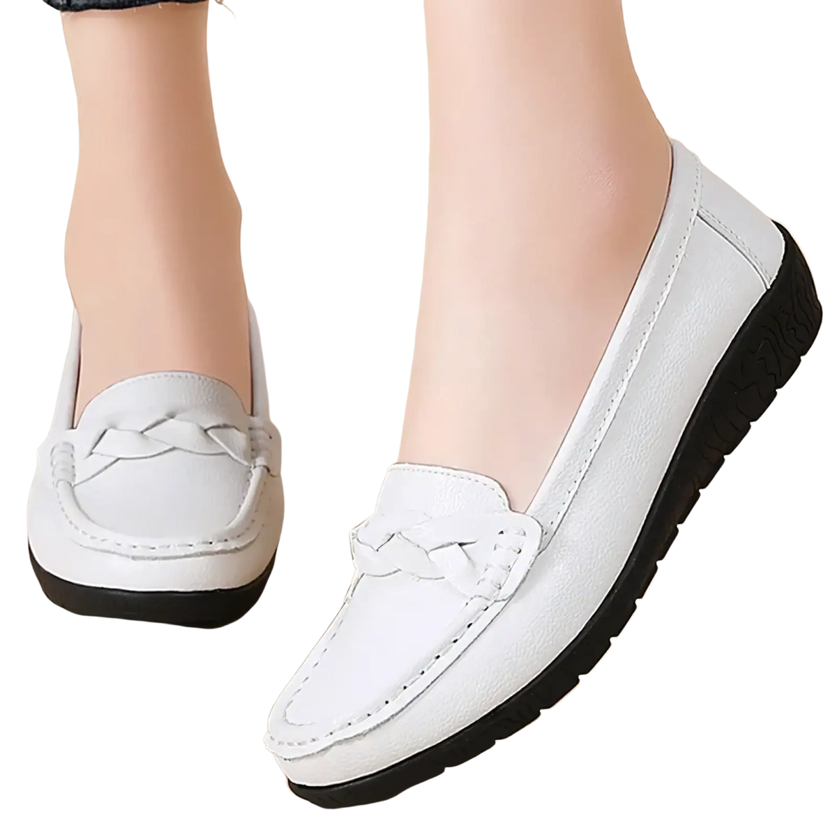 White leather women loafers slip on casual flats with braided detail on front and black rubber soles