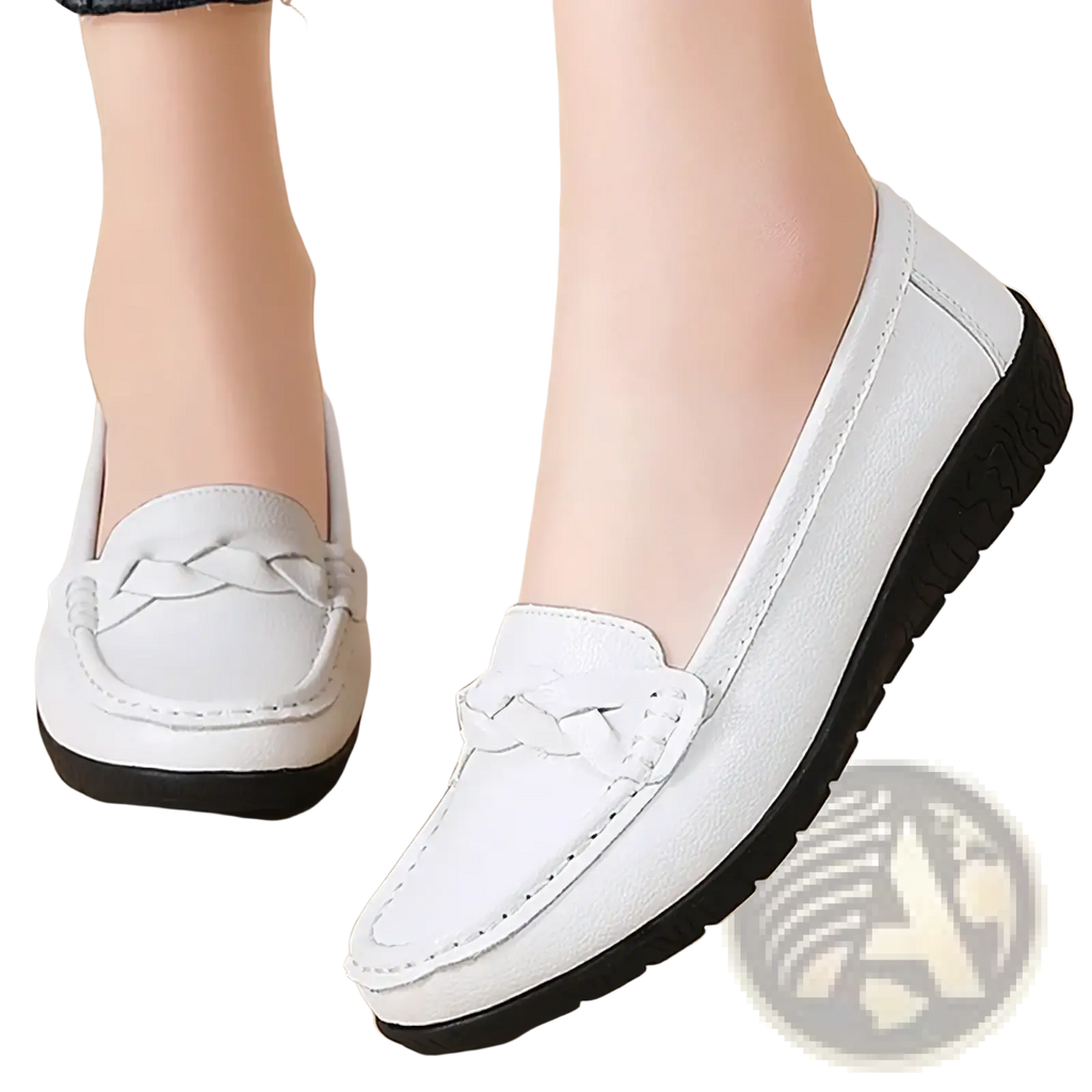 White leather women loafers slip on casual flats with braided detail on front and black rubber soles