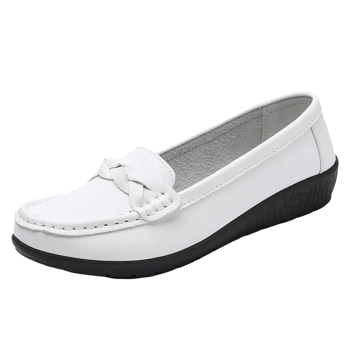 Women leather loafers slip on casual flats in white leather with braided strap detail and black rubber sole