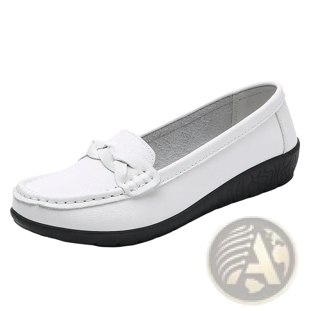 Women leather loafers slip on casual flats in white leather with braided strap detail and black rubber sole