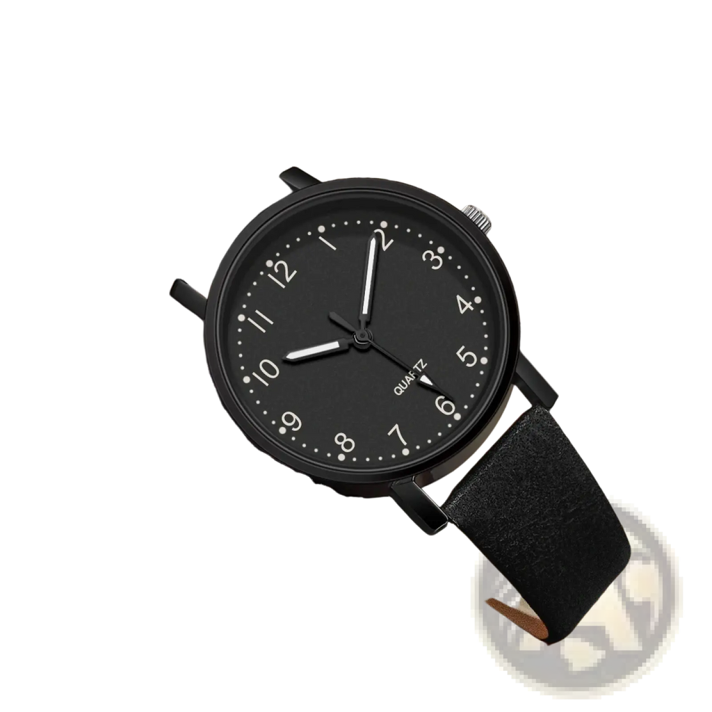Black analog women leather quartz watch with black leather strap and minimalist white numerals on the dial