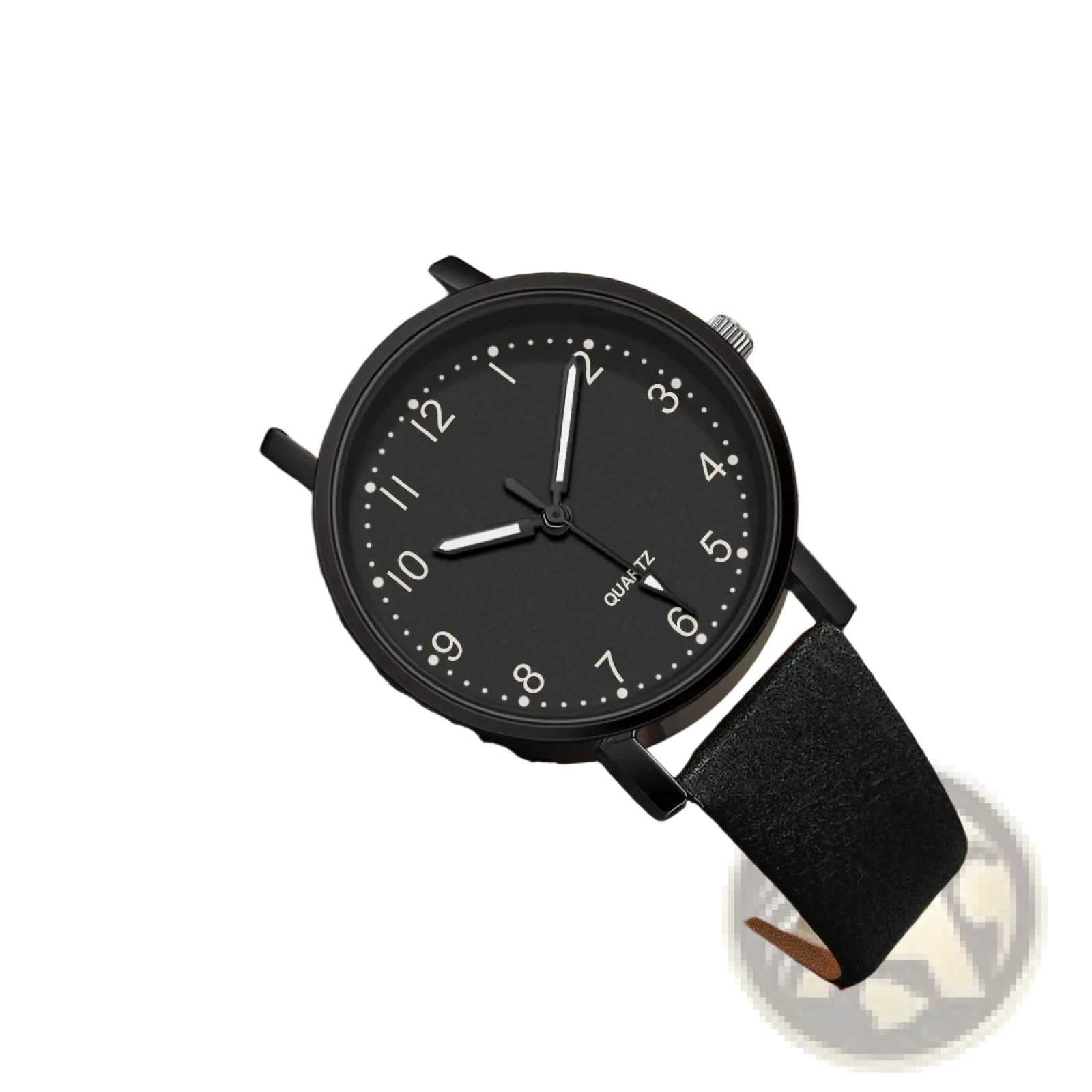 Black analog women leather quartz watch with black leather strap and minimalist white numerals on the dial
