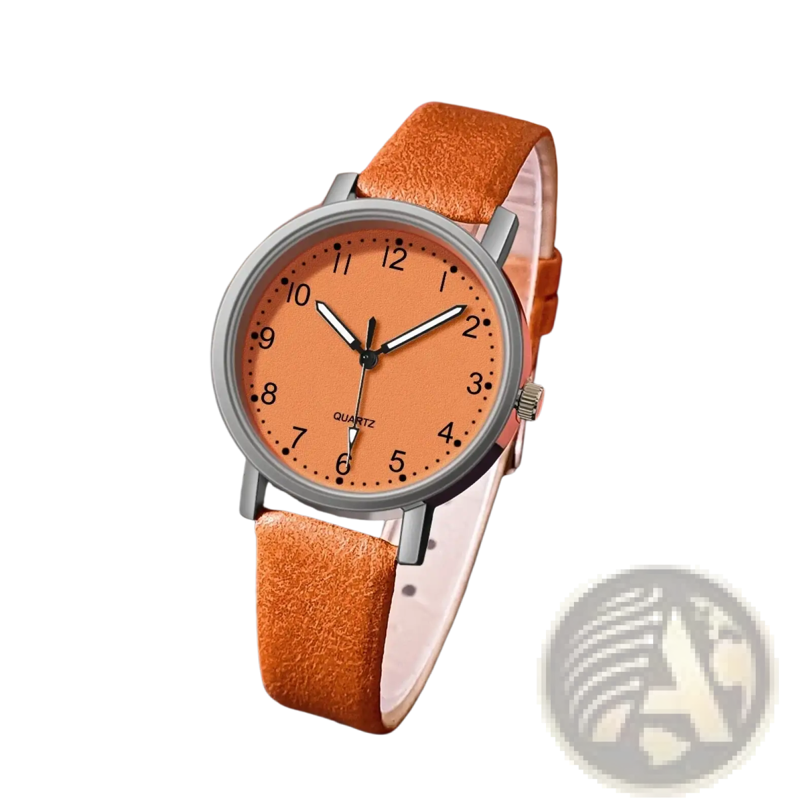 Women leather quartz watch featuring an orange suede strap with matching orange dial and silver-toned case