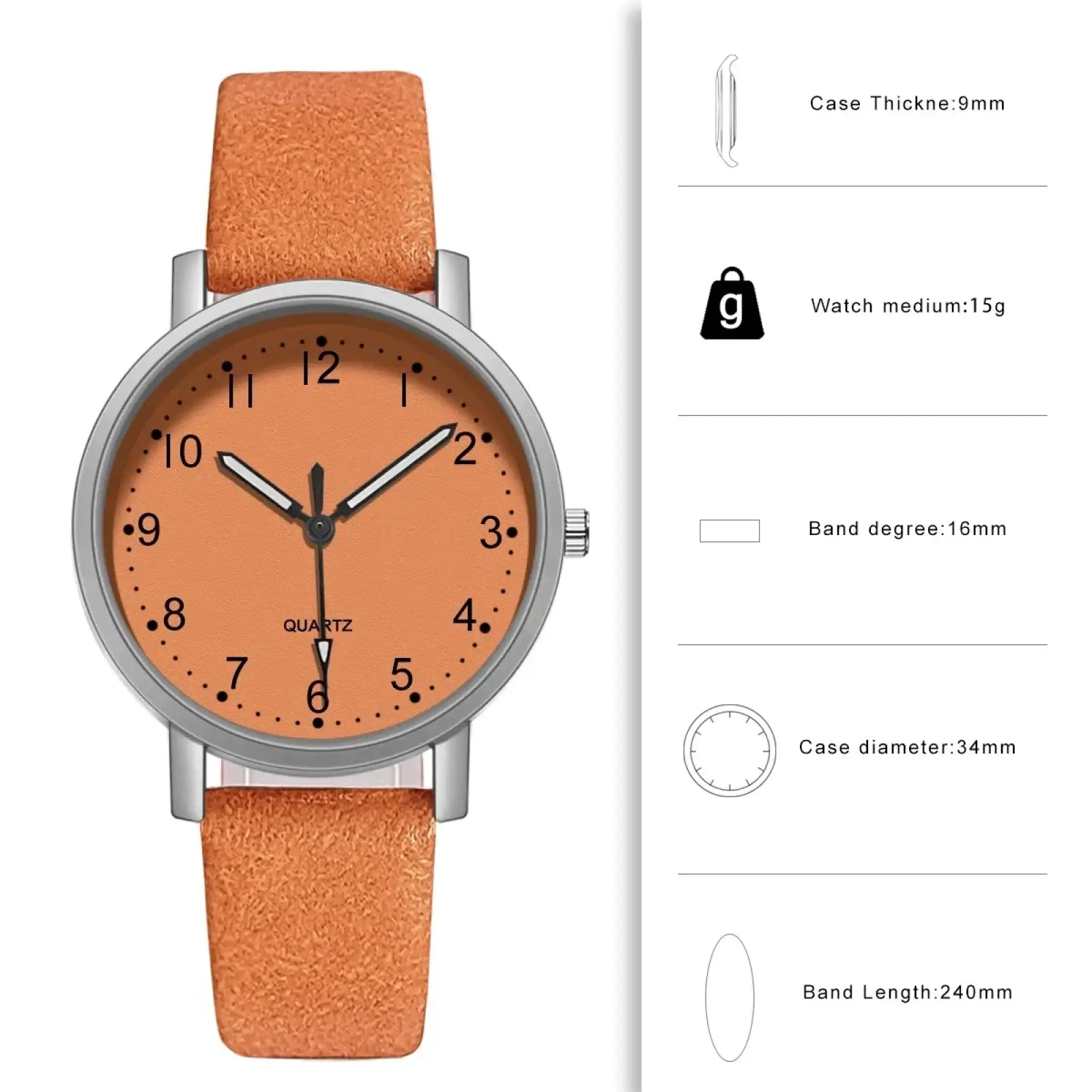 Women leather quartz watch with orange suede strap silver case and orange dial for stylish wristwear