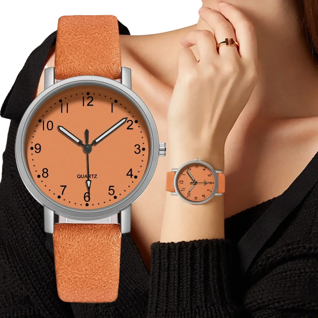 Women leather quartz watch with orange suede strap matching orange dial and silver toned case