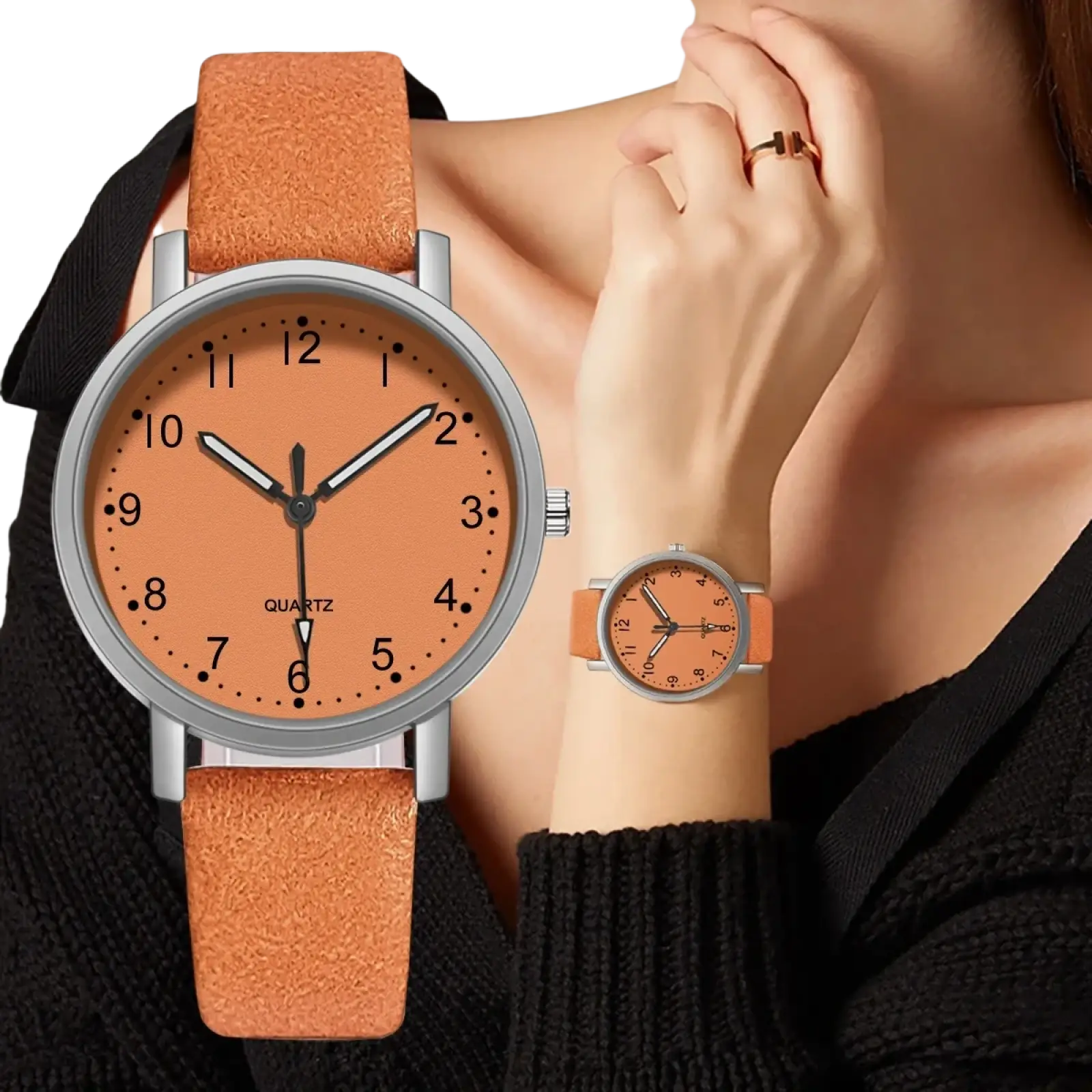 Women leather quartz watch with orange suede strap matching orange dial and silver toned case