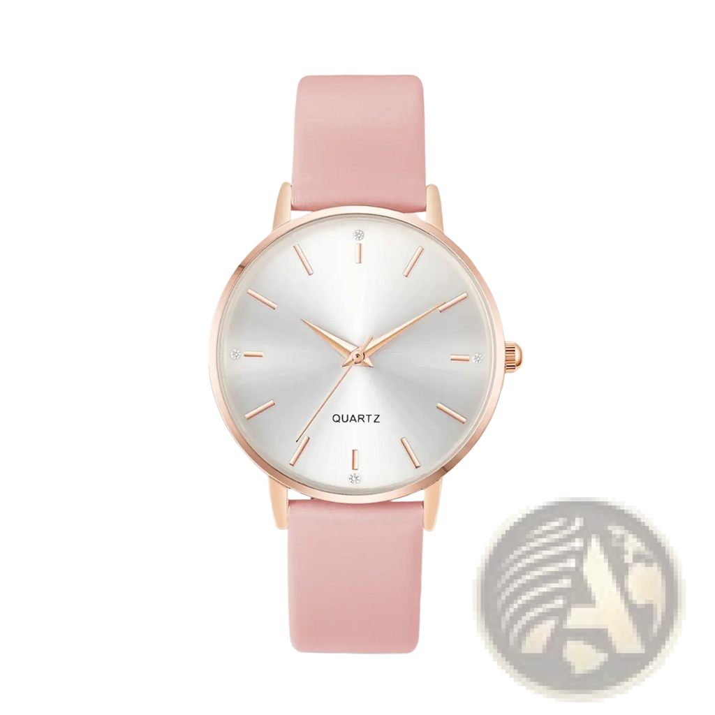 Women leather quartz watch rose gold featuring a rose gold-tone case, soft pink leather strap, and diamond-like markers