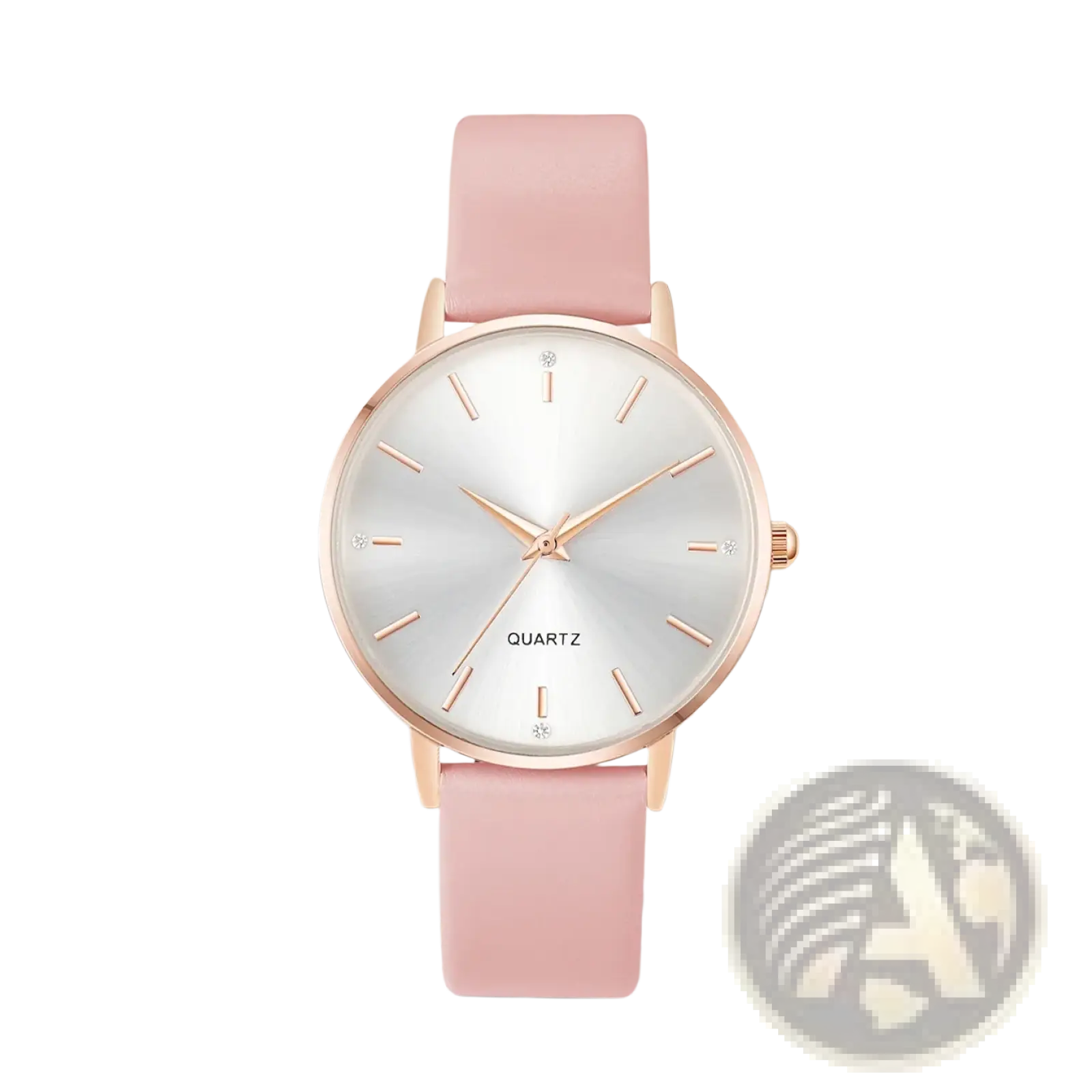 Women leather quartz watch rose gold featuring a rose gold-tone case, soft pink leather strap, and diamond-like markers