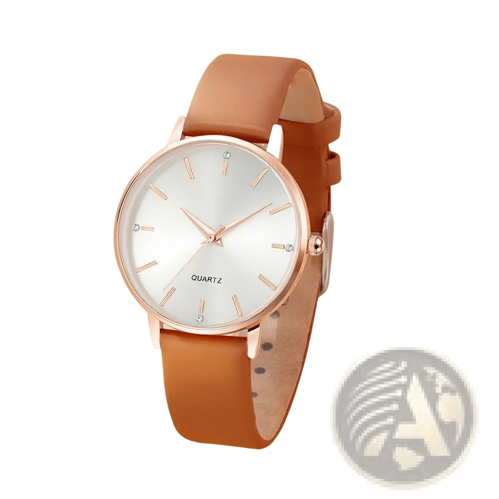 Women leather quartz watch with rose gold-tone case, silver crystal dial, and tan leather strap by Lucky fox