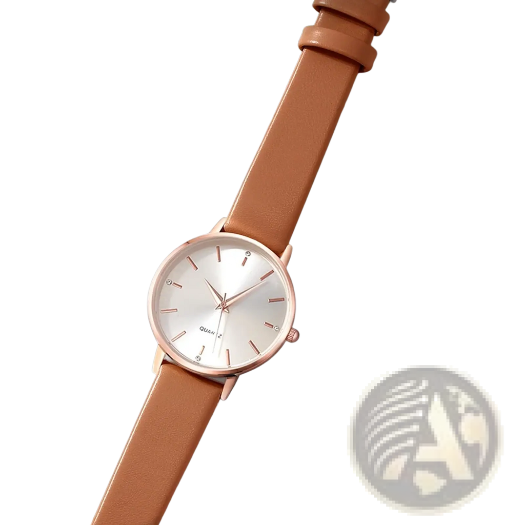 A women leather quartz watch rose gold with a minimalist rose gold case, silver dial, and tan leather strap