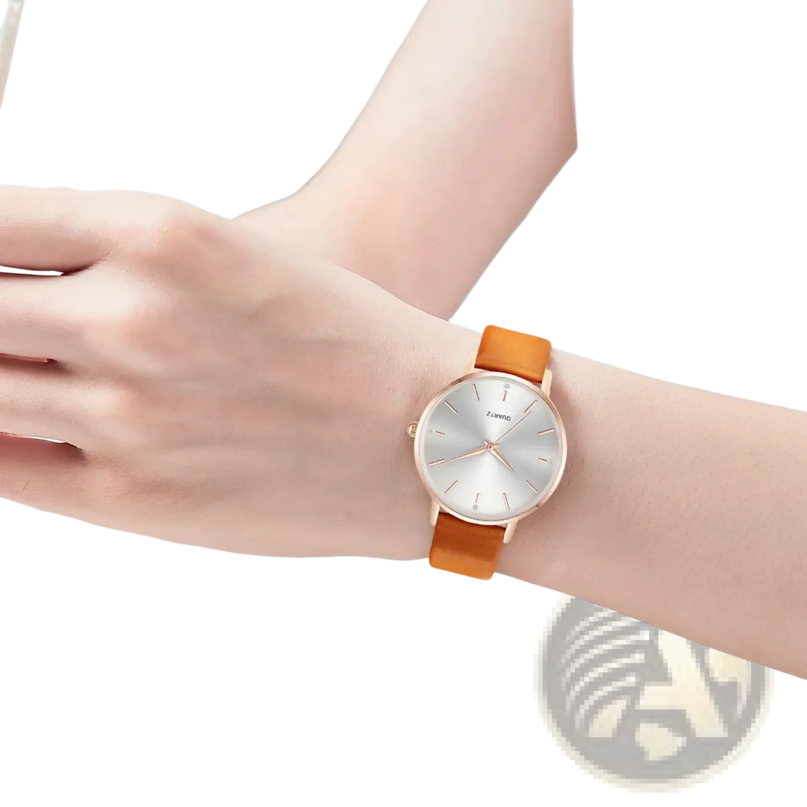 Women leather quartz watch rose gold with a minimalist rose gold-tone case orange leather strap and silver dial