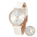 Women leather quartz watch rose gold with a delicate rose gold-tone case white leather strap and diamond accents on dial