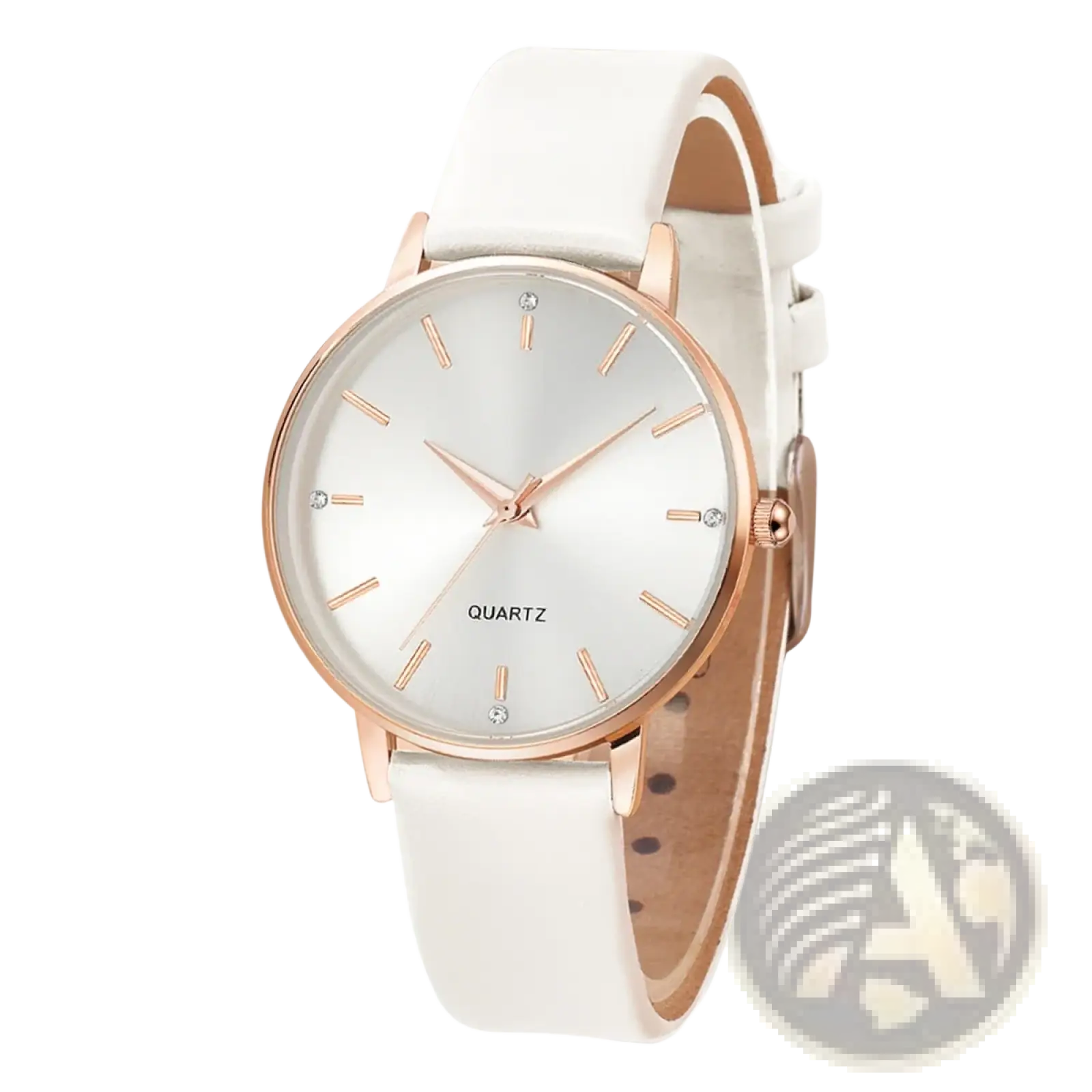 Women leather quartz watch rose gold with a delicate rose gold-tone case white leather strap and diamond accents on dial