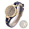 Women leather strap quartz watch with blue leather strap gold-tone hardware and silver-toned wave pattern dial