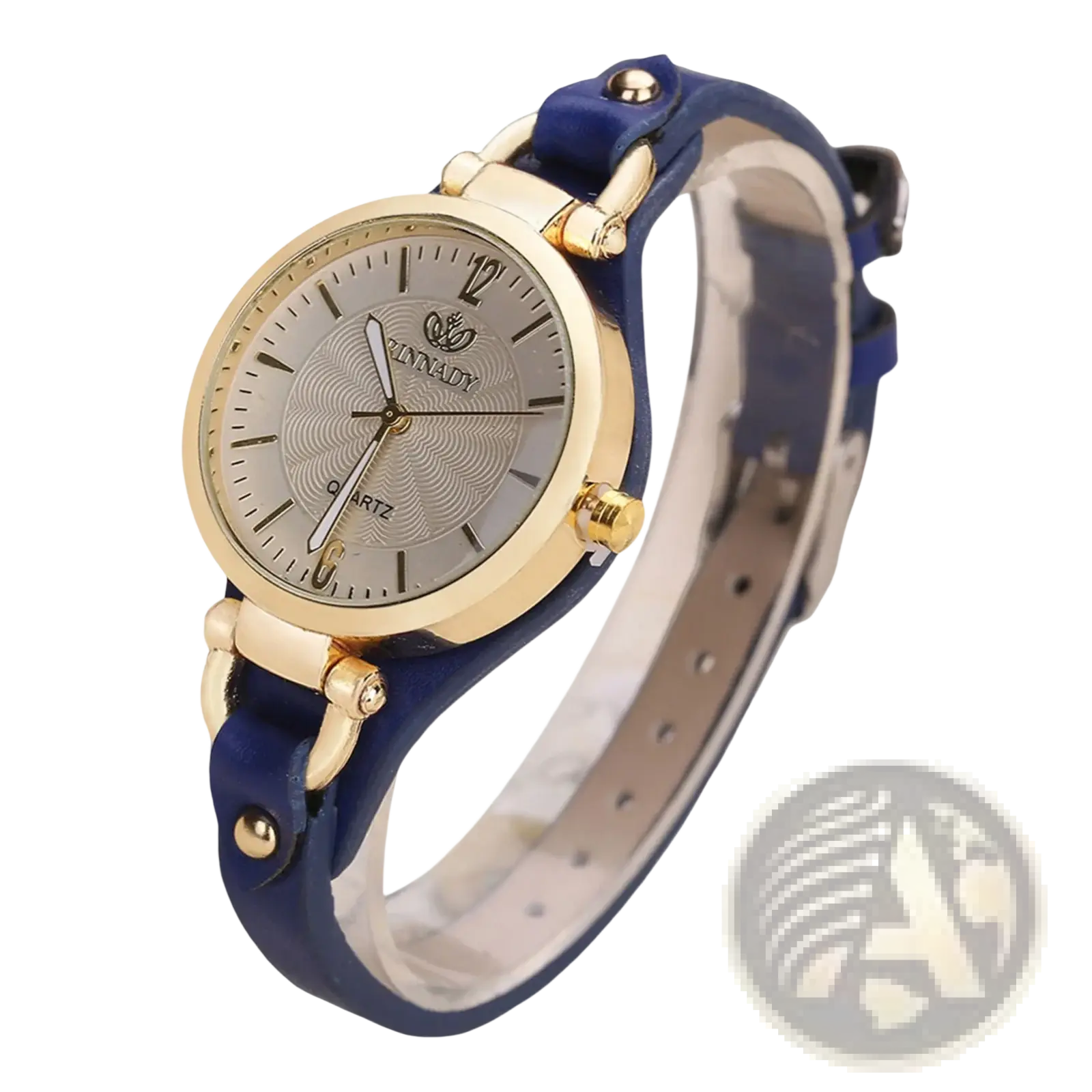 Women leather strap quartz watch with blue leather strap gold-tone hardware and silver-toned wave pattern dial